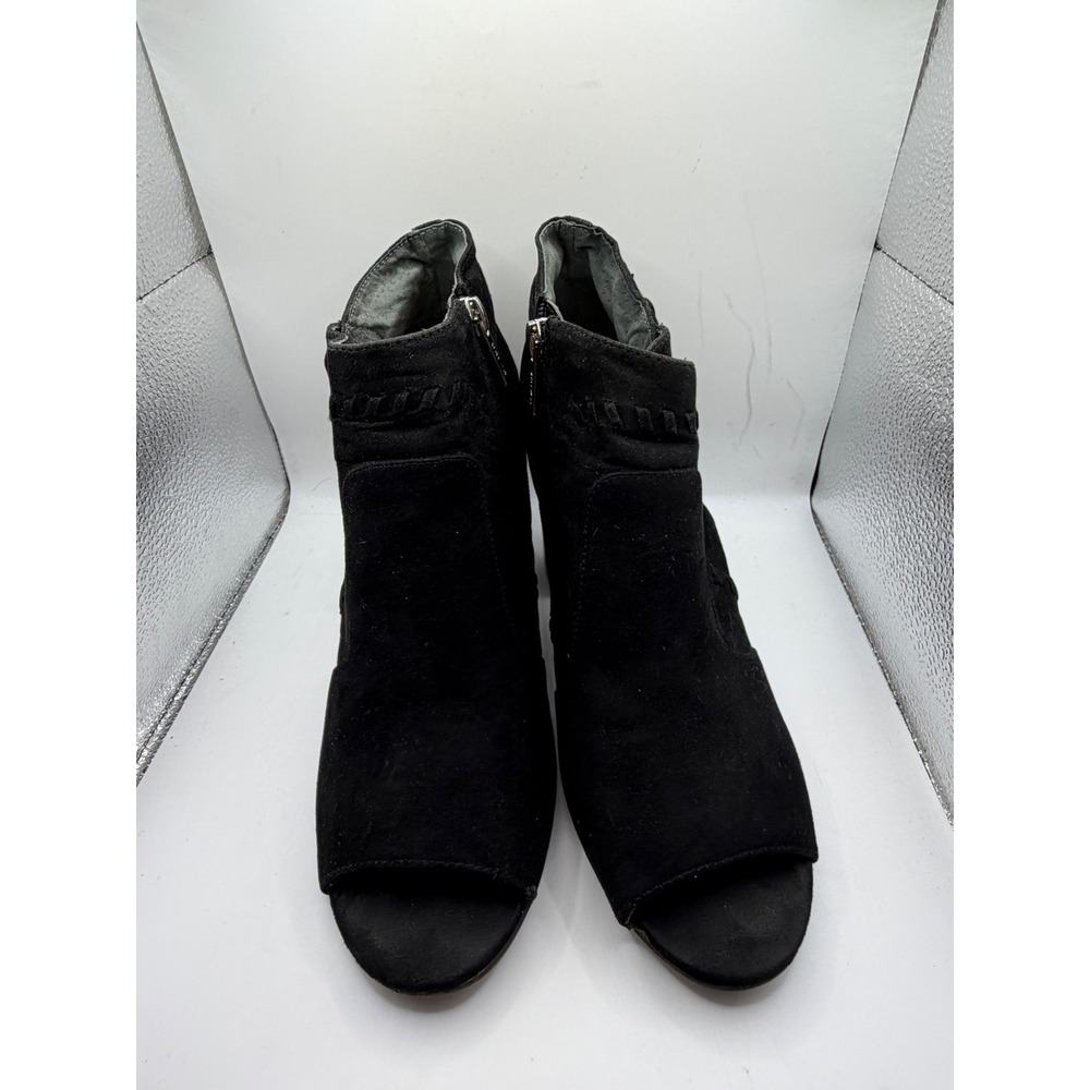 Unisa Black Faux Suede Peep Toe Ankle Boots Stacked Block Heel Size‎ 8.5M